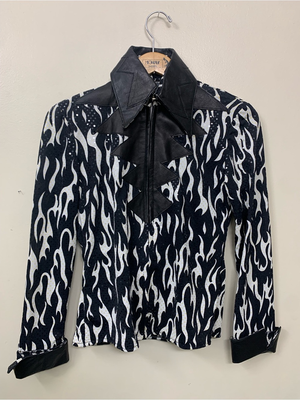 Black & White Flame-Print Women's Jacket with Leather Trim